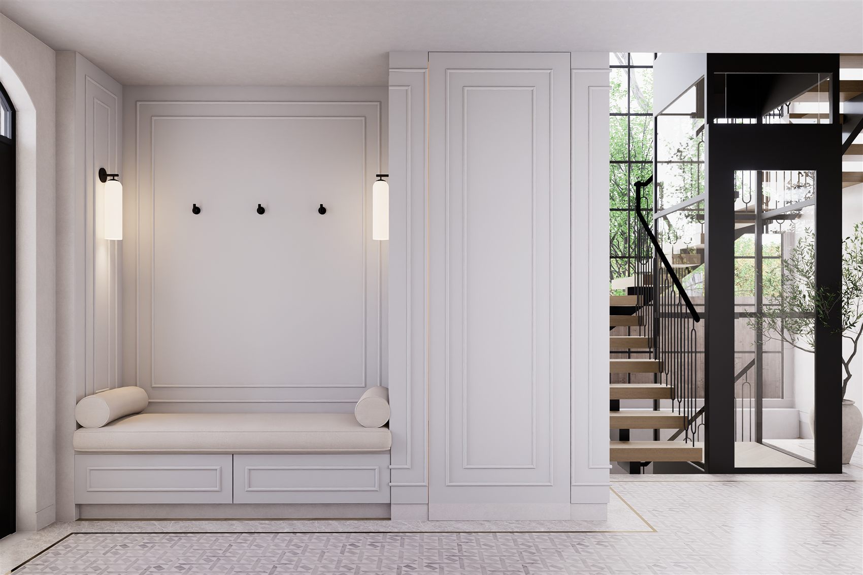 Bellevue Hill — entry with banquette seating by STUDIO BELLE