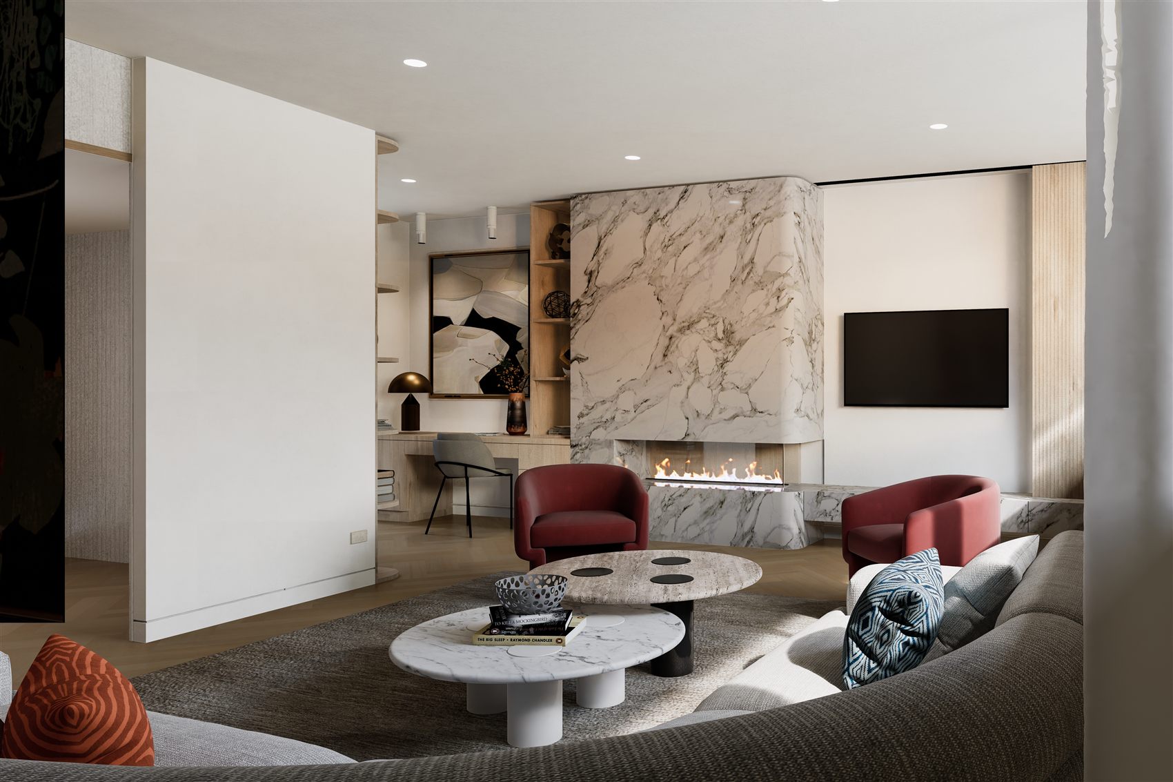 Double Bay — living room with marble fireplace by STUDIO BELLE