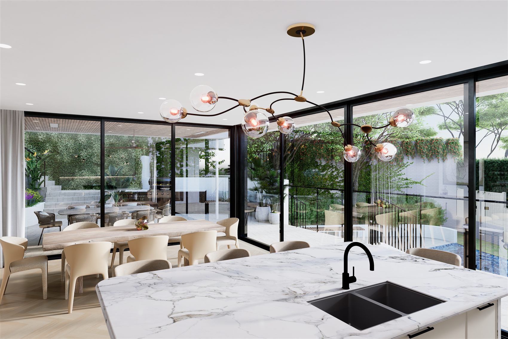 Double Bay — open kitchen and dining overlooking the pool by STUDIO BELLE