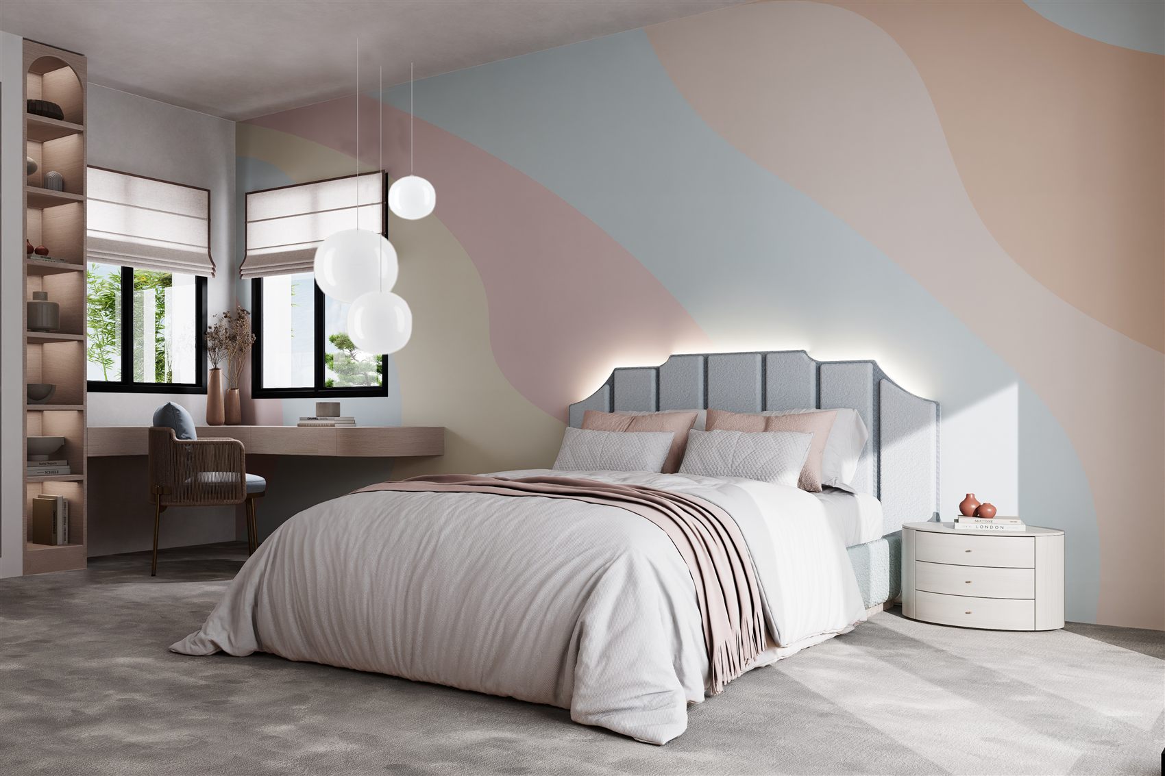 Greenwich — bedroom with curved feature wall by STUDIO BELLE